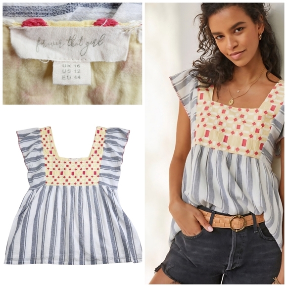 Anthropologie Forever That Girl Basel Embroidered Tunic Blouse US Sz 12 - Picture 1 of 10
